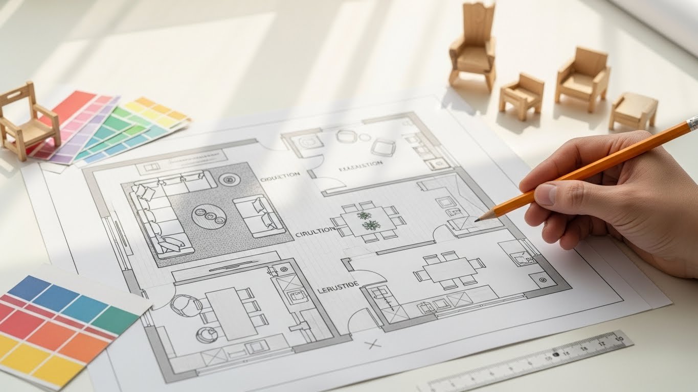 A designer’s hand sketching on a detailed 2D furniture layout plan placed on a desk, surrounded by color swatches, a scale ruler, and small wooden furniture models.