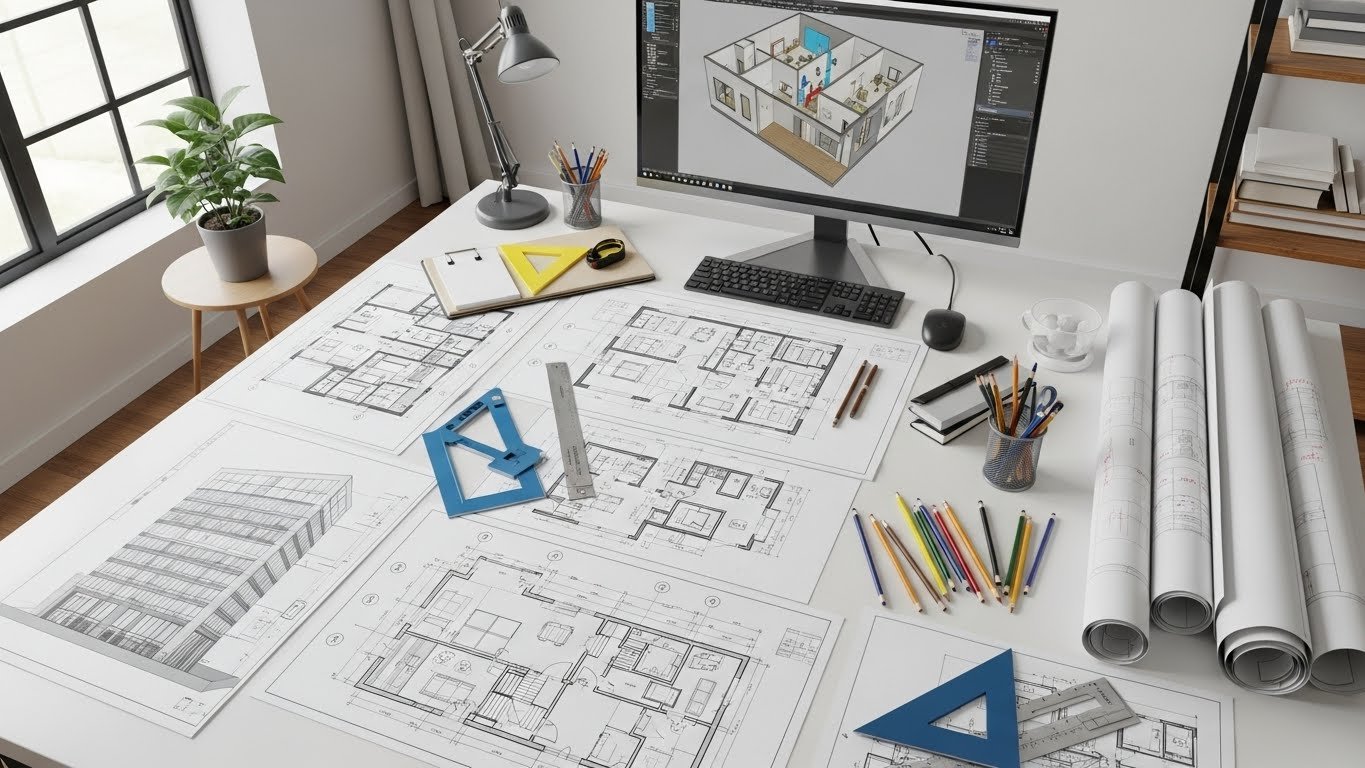 Architect’s desk with detailed including all working drawings of floor plans, building blueprints, drafting tools, rolled drawings, and a computer displaying a 3D interior layout.