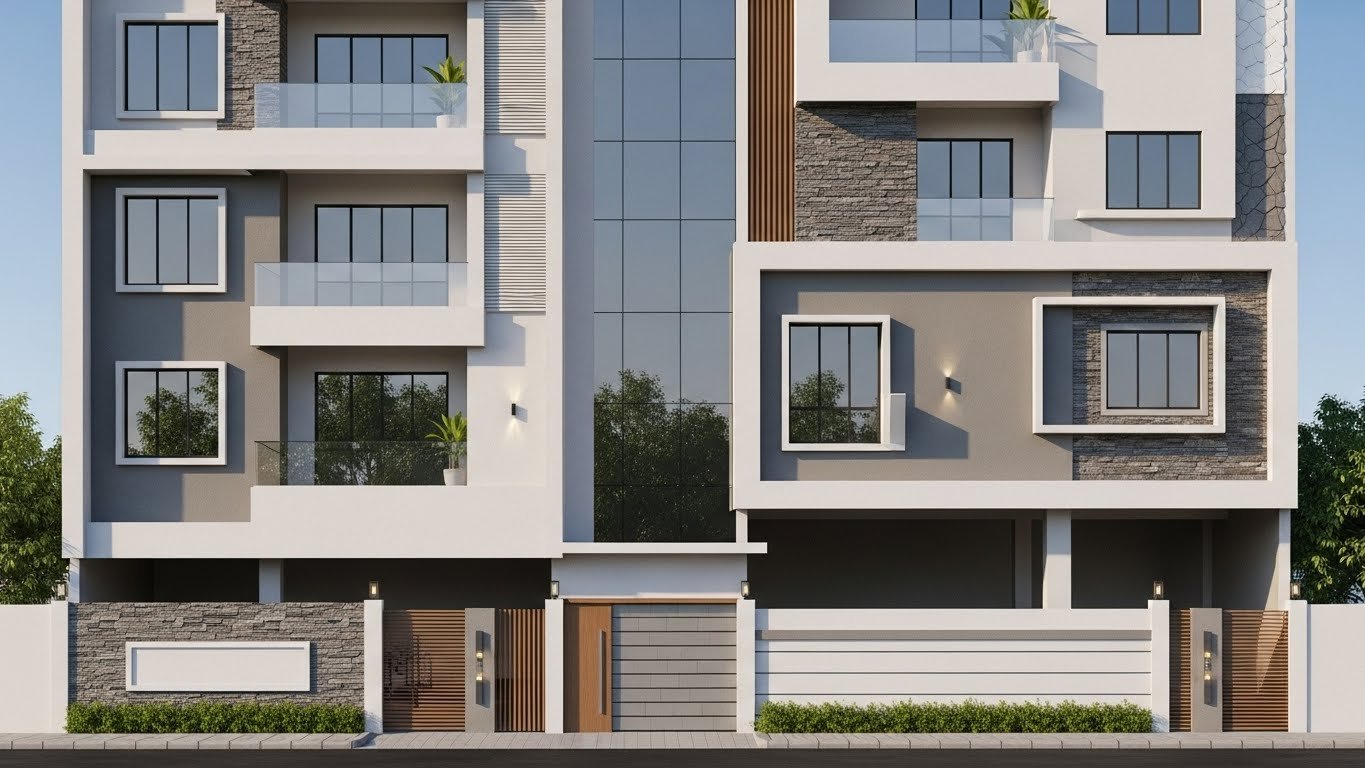 Modern front side elevation in 3D of a multi-story residential building featuring glass balconies, stone textures, large windows, and a stylish boundary wall.