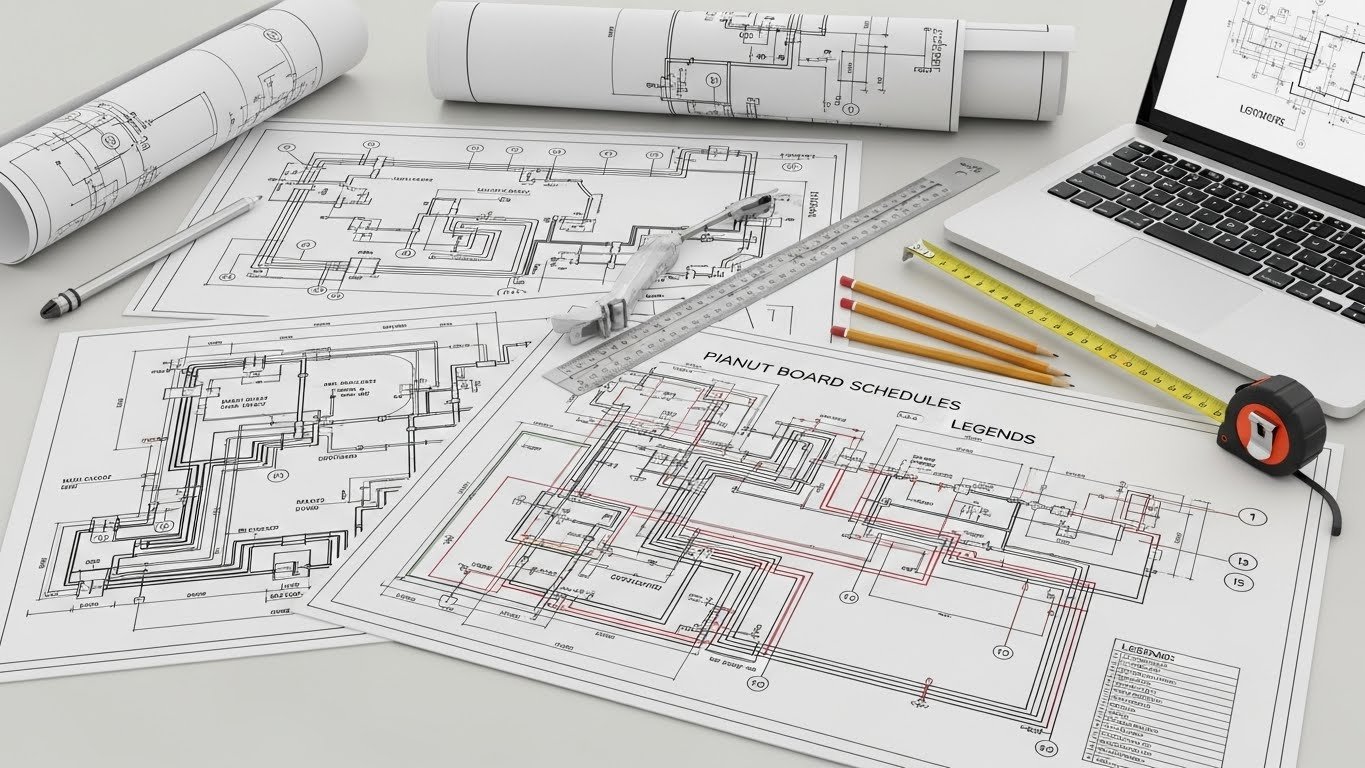 plumbing and electrical drawings spread on a desk with architectural tools, rolled blueprints, pencils, measuring tape, ruler, and an open laptop displaying engineering diagrams.