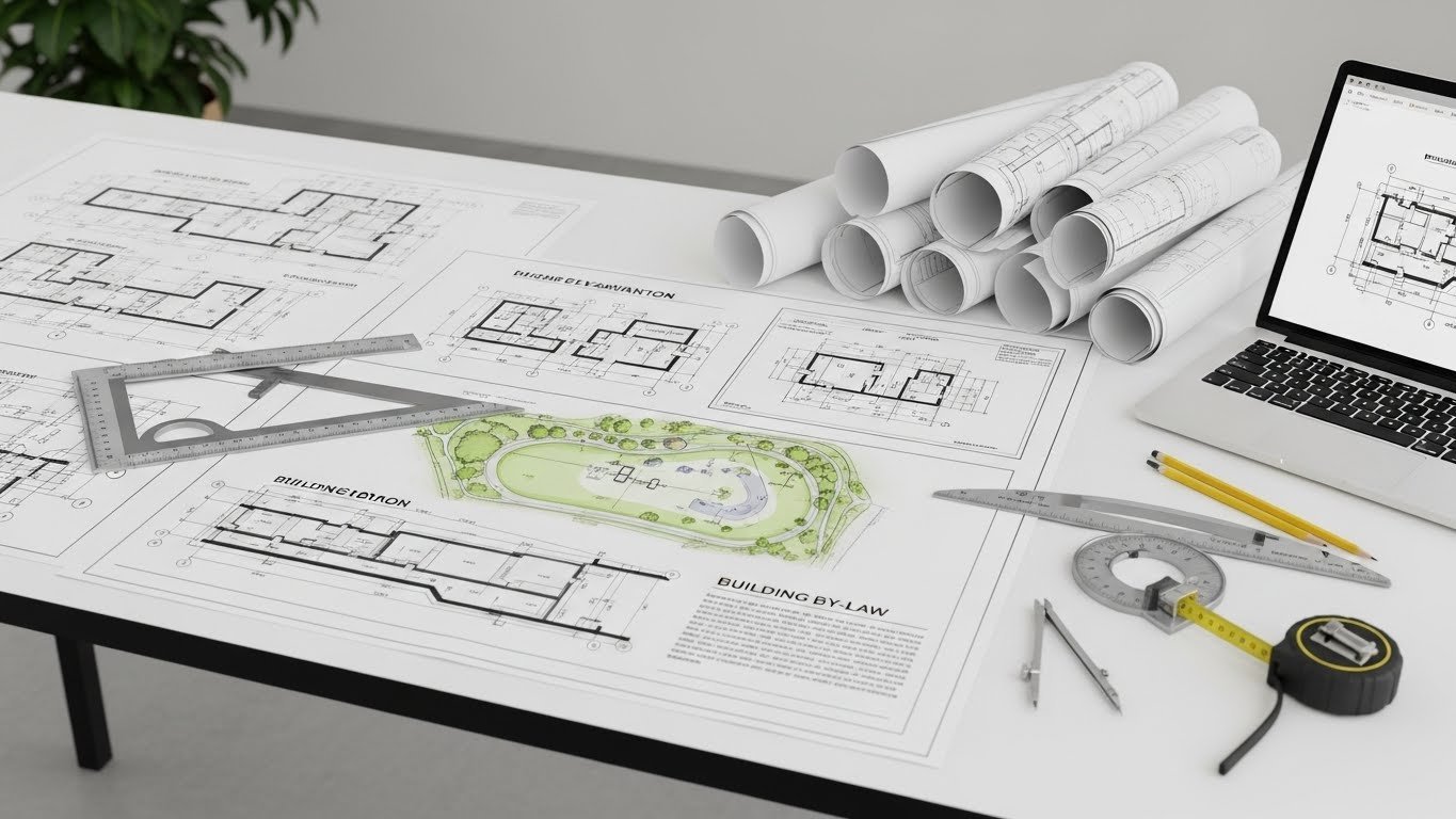 Architectural submission drawing laid out on a desk with site plans, elevations, landscape layout, drafting tools, rolled blueprints, and an open laptop displaying building plans.