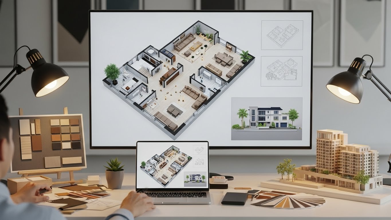 A designer working on a 3D architectural layout plan displayed on a large screen, with a laptop showing the same 3D floor plan, surrounded by material samples, color palettes, and building models.