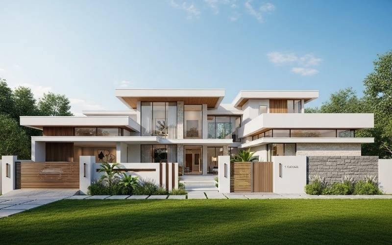 Modern 1 Kanal single story home design in Pakistan with wide front elevation, flat roof, large glass windows, and luxury landscaping
