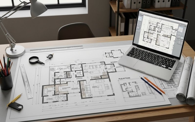 Professional 2D Architectural Design Services in Pakistan showcasing detailed CAD floor plans, technical drawings, and architectural layouts prepared on a modern workspace with drafting tools and a laptop.