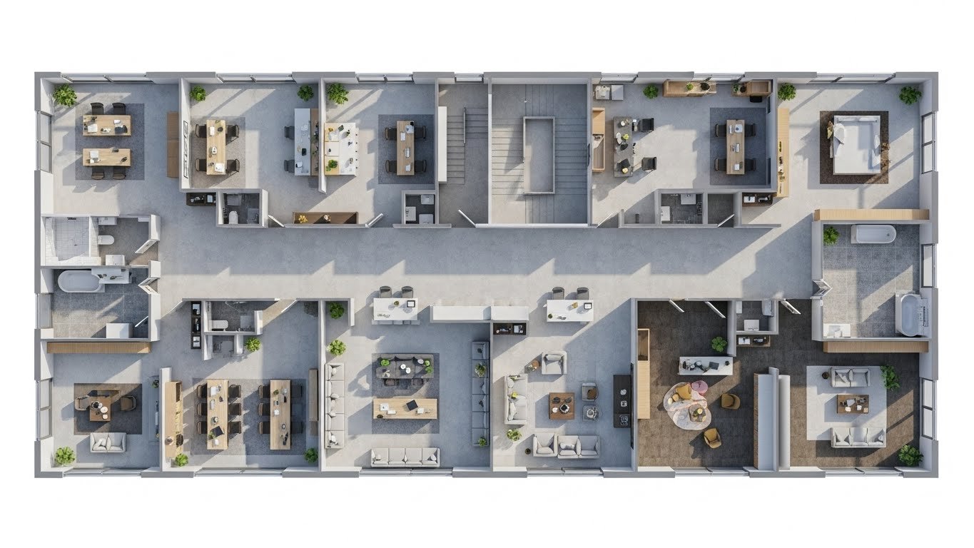 Top-view 3D commercial architectural layout plan showing multiple office rooms, meeting areas, workstations, reception zones, lounge spaces, bathrooms, and circulation corridors with modern furniture and natural lighting.