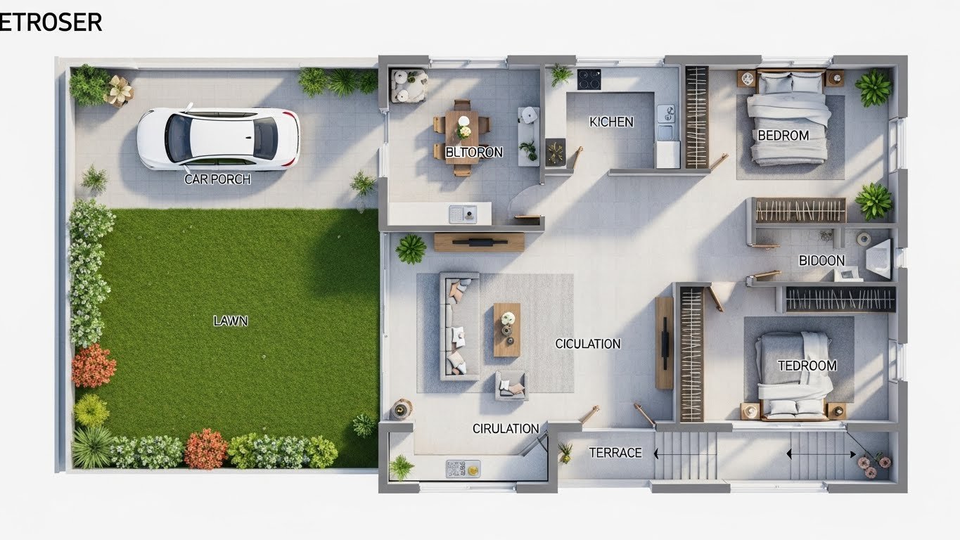3D residential architectural layout plan showing a car porch, front lawn, living room, dining area, kitchen, two bedrooms, bathrooms, circulation spaces, and terrace.
