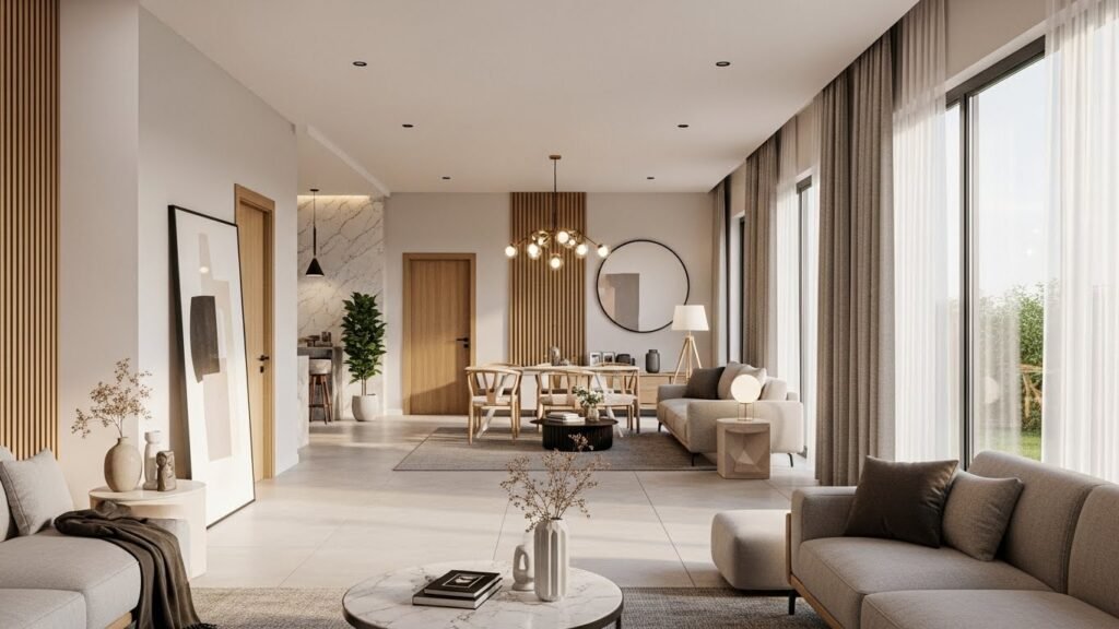 A beautiful and simple home design in Pakistan featuring a bright open-plan living and dining area with natural light, neutral colors, wooden accents, and minimalist furniture.
