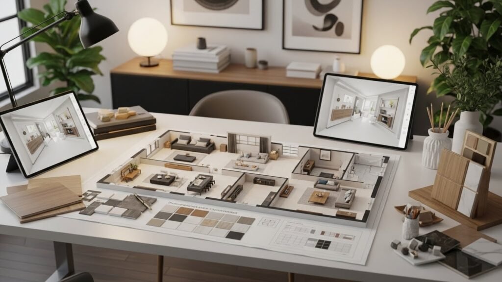 A detailed 3D home layout displayed on a design workspace with tablets showing interior views, material samples, and floor plans representing Top Interior and 3D Home Design in Pakistan.