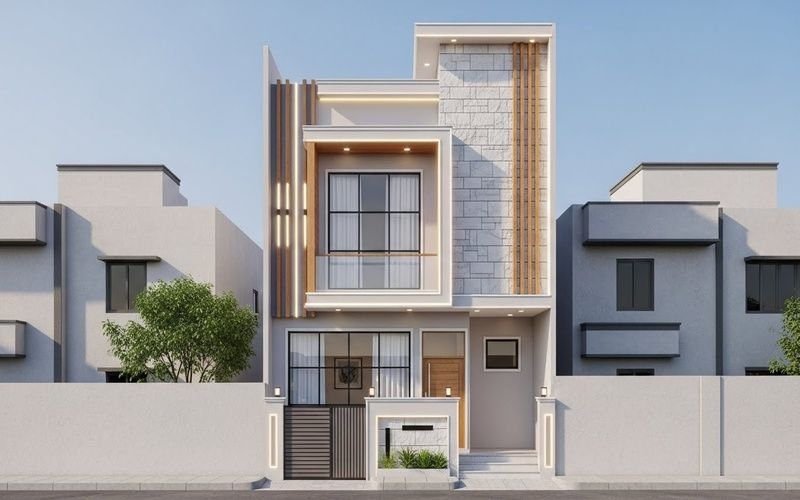 Best 3 Marla Front Elevation Design in Pakistan featuring a modern double-story house with clean lines, neutral tones, large windows, and stylish vertical cladding.
