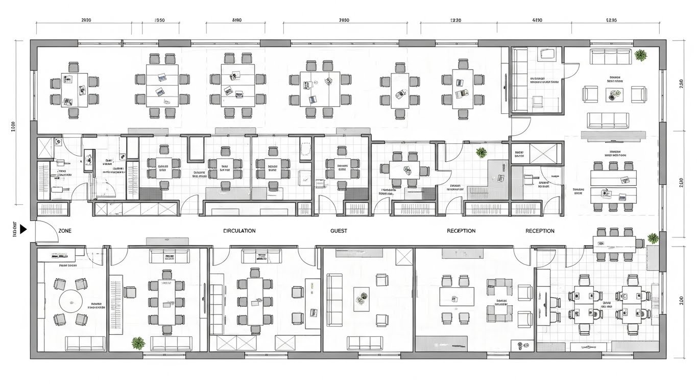commercial 2D furniture layout plan showing office workstations, meeting rooms, reception areas, circulation paths, cabins, and seating zones with detailed measurements and labeled sections.