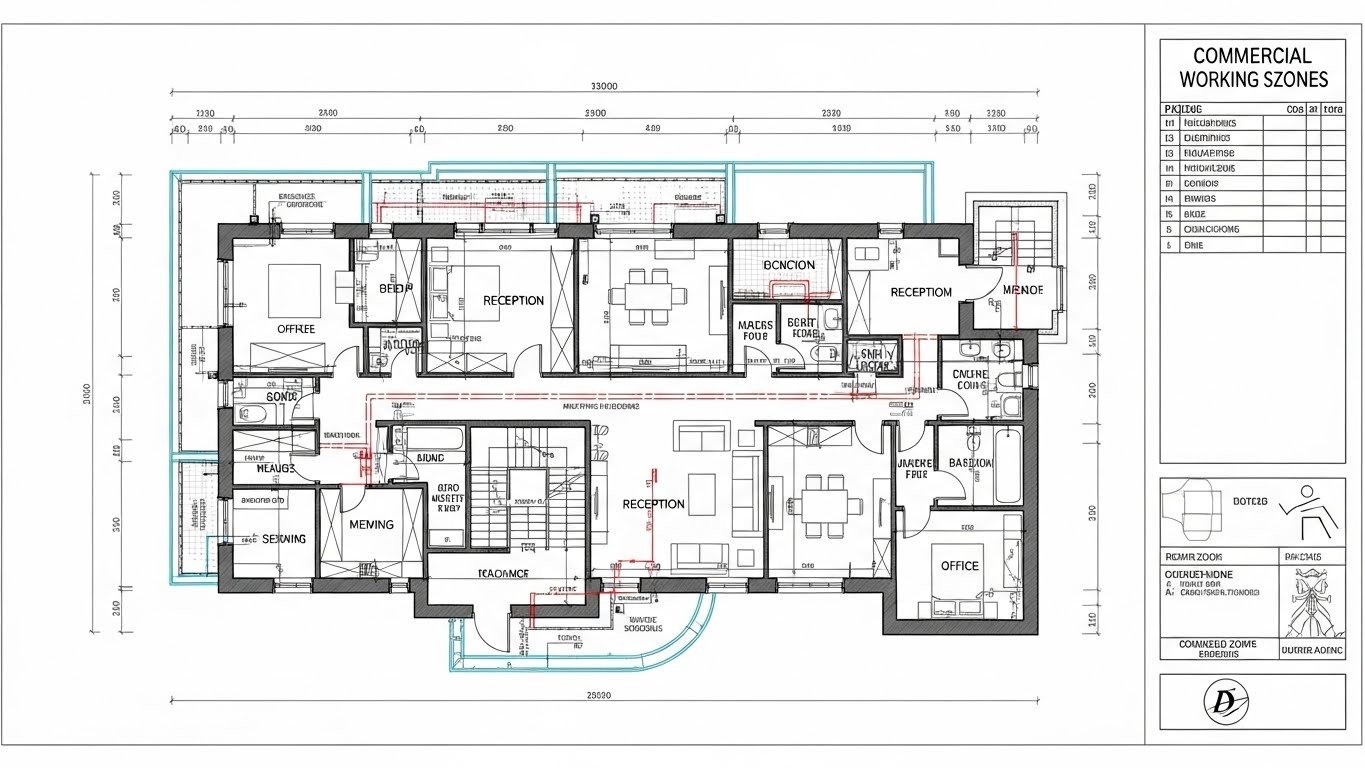 Commercial 2D working drawings showing detailed floor plan with offices, receptions, meeting rooms, circulation paths, dimensions, technical annotations, and service zones.