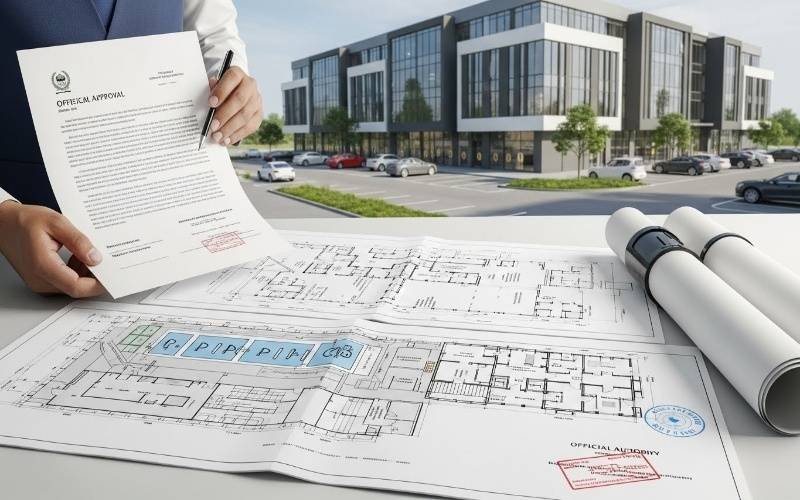 Expert Building Approval Architect in Pakistan reviewing approved commercial building plans, parking layout, and official authority documents.