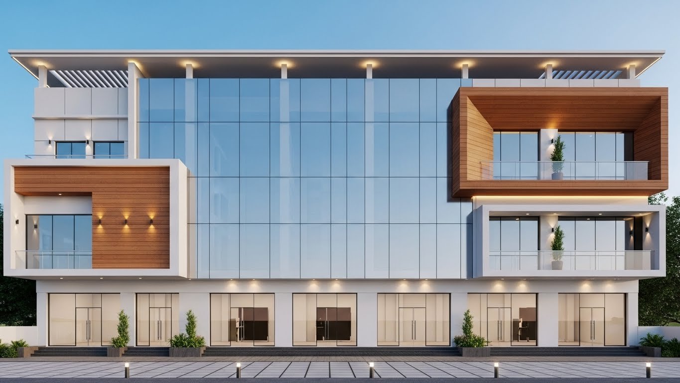 Modern Commercial Front Side Elevation in 3D featuring a glass facade, wooden cladding accents, spacious balconies with glass railings, and symmetrical architectural lighting.