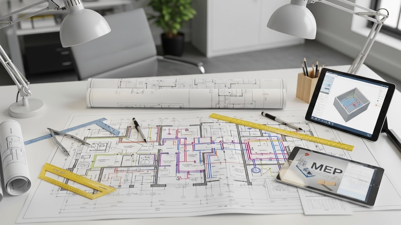 Commercial MEP drawing workspace featuring detailed commercial plumbing & electrical drawings plans on a desk, surrounded by drafting tools, rolled blueprints, digital tablets displaying 3D MEP models, and adjustable desk lamps in a modern office setting.