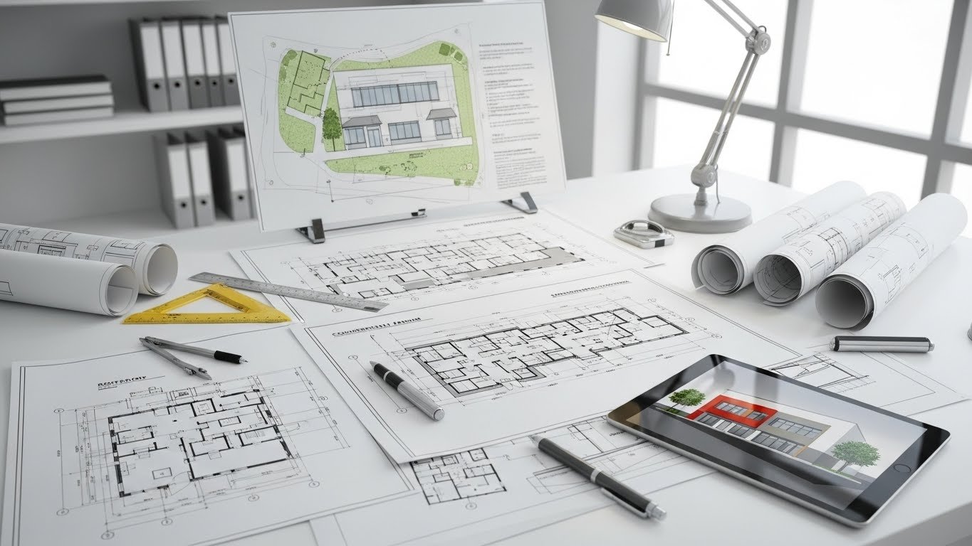 “A workspace with commercial submission drawings spread across a desk, including architectural floor plans, rolled blueprints, drafting tools, and a digital tablet displaying a building rendering.