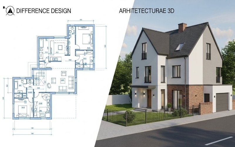 Professional 2D Architectural Design Services in Pakistan showing the comparison between a detailed 2D floor plan layout and a realistic 3D house exterior visualization.