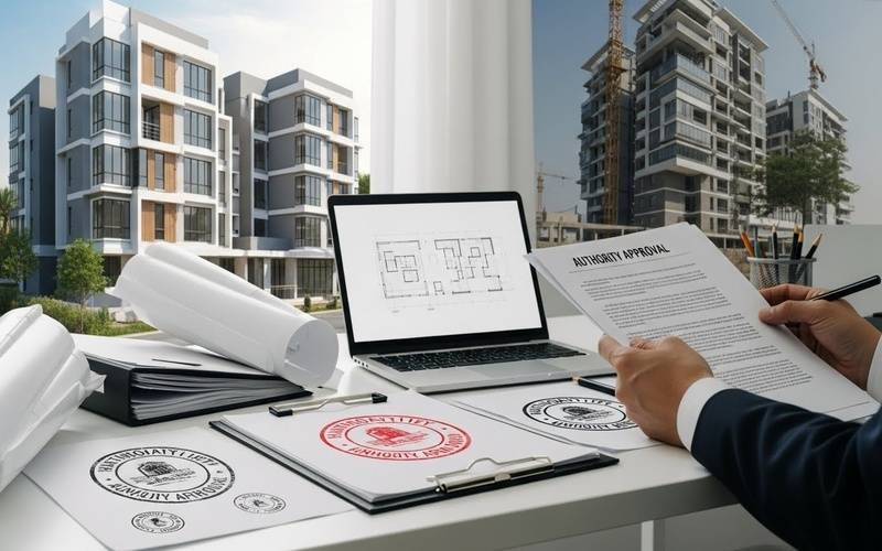 Expert Building Approval Architect in Pakistan reviewing approved building plans, authority documents, and architectural drawings with residential buildings in the background.
