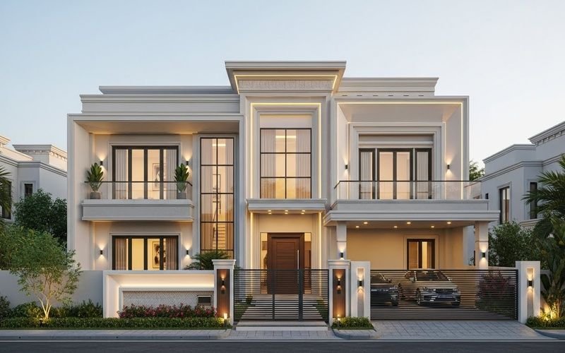 Modern luxury two-storey residential house designed by an Expert and Best Residential Design Firm in Pakistan, featuring a symmetrical façade, large glass windows, balconies, and elegant exterior lighting.