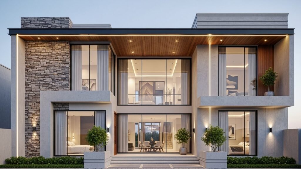 A beautiful and simple home design in Pakistan featuring a modern front elevation with clean lines, large glass windows, stone cladding, wooden ceilings, and soft exterior lighting