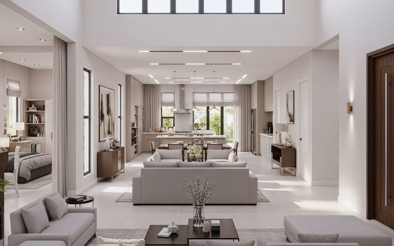 Open-plan living area of a modern 1 Kanal single story home design in Pakistan with lounge, dining, and kitchen layout