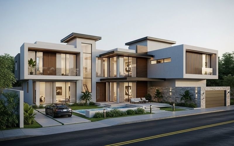 Modern luxury villa with clean architectural lines, large glass windows, and premium exterior materials designed for contemporary living in Pakistan.