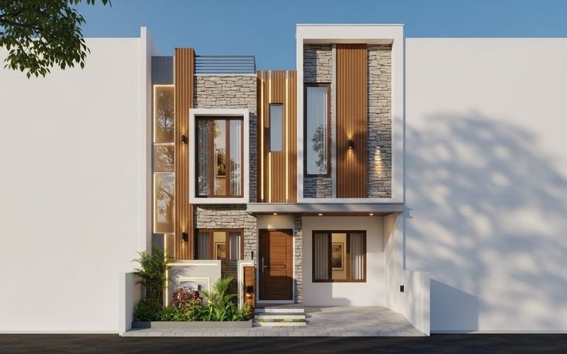 Best 3 Marla Front Elevation Design in Pakistan showcasing a modern double-story house with stone cladding, vertical wooden panels, and large glass windows.