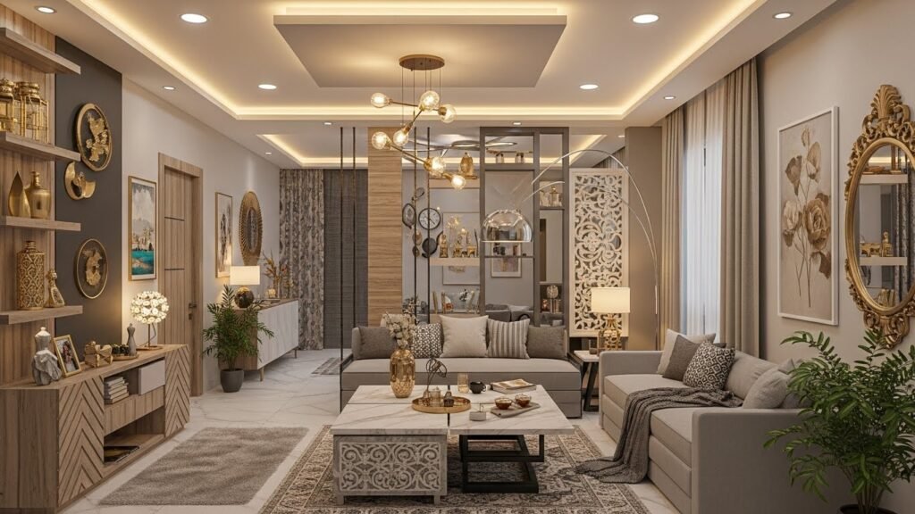 Modern luxury living room with warm lighting, neutral colors, custom furniture, decorative wall art, and traditional accents  showcasing Top Interior and 3D Home Design in Pakistan.
