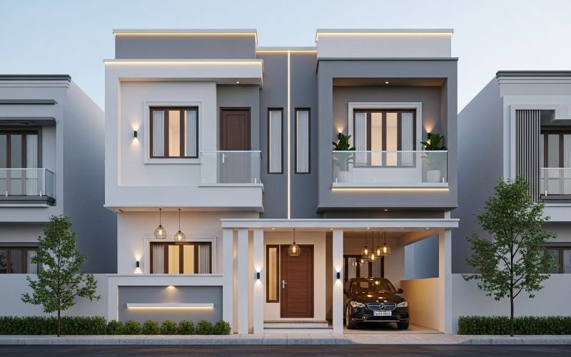 Modern 5 Marla Front Elevation Design in Pakistan featuring a balanced double-storey façade, glass balconies, grey and white exterior, warm LED lighting, and a compact car porch.