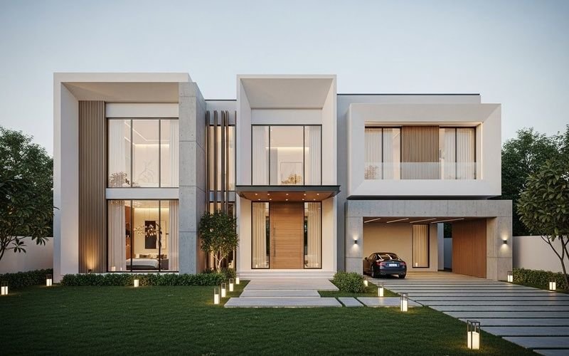 Modern luxury villa designed by a leading architect for modern villa design Pakistan, featuring clean lines, large glass windows, and a contemporary facade.