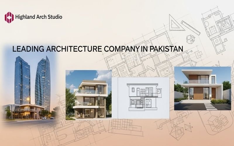 Feature image showcasing modern building designs, architectural drawings, and 3D visuals representing a Leading Architecture Company in Pakistan.