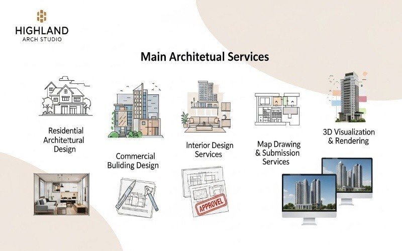 Infographic displaying the main architectural services offered by a Leading Architecture Company in Pakistan, including residential design, commercial design, interior services, map submission drawings, and 3D visualization.