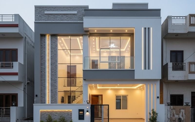 Modern 5 Marla Front Elevation Design in Pakistan featuring a minimalist double-storey house with glass balcony, grey and white façade, vertical LED lights, and a sleek car porch.