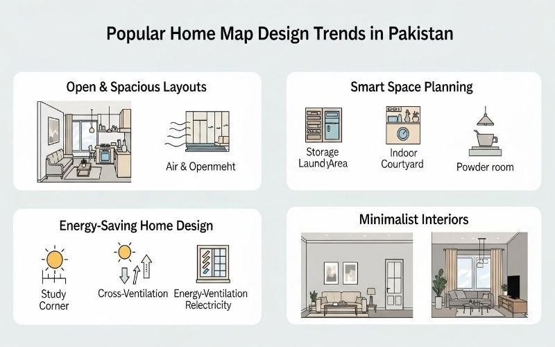 Popular home map design trends infographic created by an Expert Architect for Home Map Design Pakistan, showing open layouts, smart space planning, energy-saving design, and minimalist interiors.