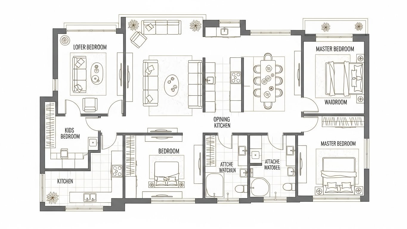 residential 2D furniture layout plan showing multiple bedrooms, living area, kitchen, dining space, bathrooms, and wardrobes designed in a top-view architectural style.