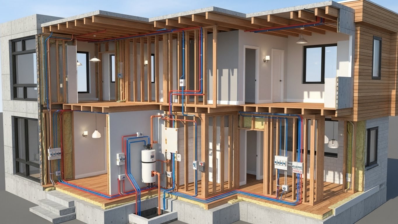 Resenditial plumbing and electrical drawings showing interior framing, plumbing lines, electrical wiring, and mechanical systems across two floors.
