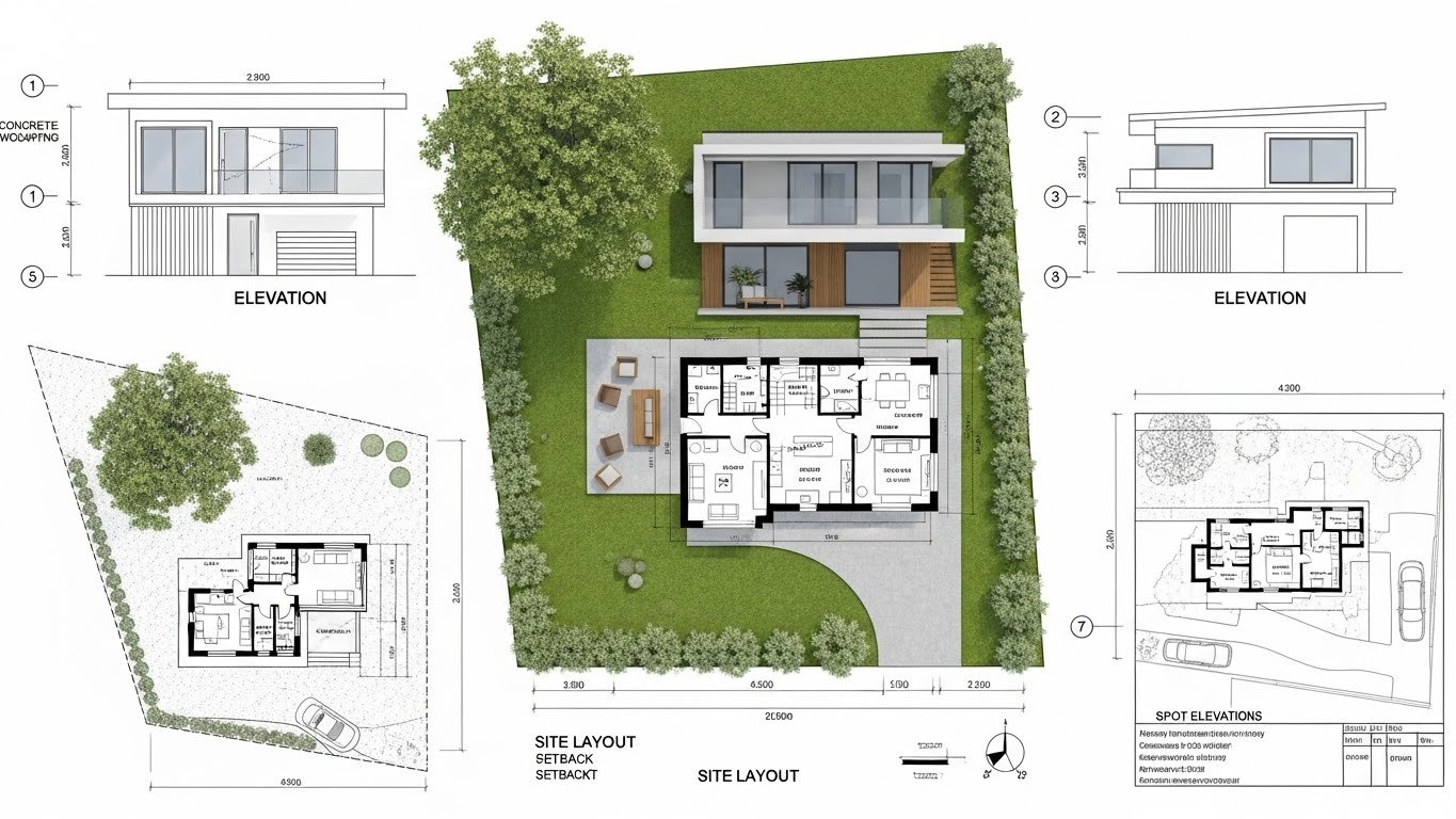 Residential submission drawing showing a complete site layout, floor plans, and front and side elevations of a modern double-story house with landscaping details