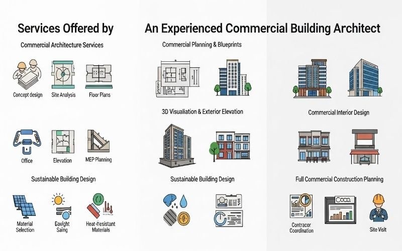 Infographic showing services offered by an Experienced Commercial Building Architect in Pakistan, including commercial planning, 3D visualization, interior design, sustainable building solutions, and construction coordination.