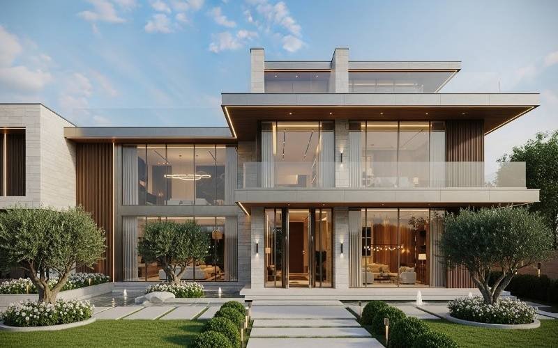 Modern luxury house exterior with elegant front elevation, large glass windows, and landscaped lawn designed by a Top Architecture and Interior Design Company in Pakistan.
