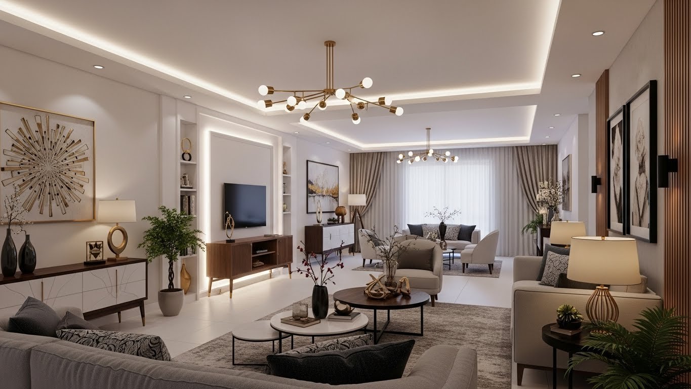 Modern open-concept living and dining room interior featuring neutral décor, stylish chandeliers, elegant furniture, and soft ambient lighting showcasing Top Interior and 3D Home Design in Pakistan.