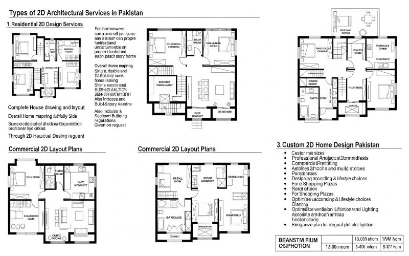 Professional 2D Architectural Design Services in Pakistan displaying residential, commercial, and custom 2D floor plans with detailed layouts and space planning.