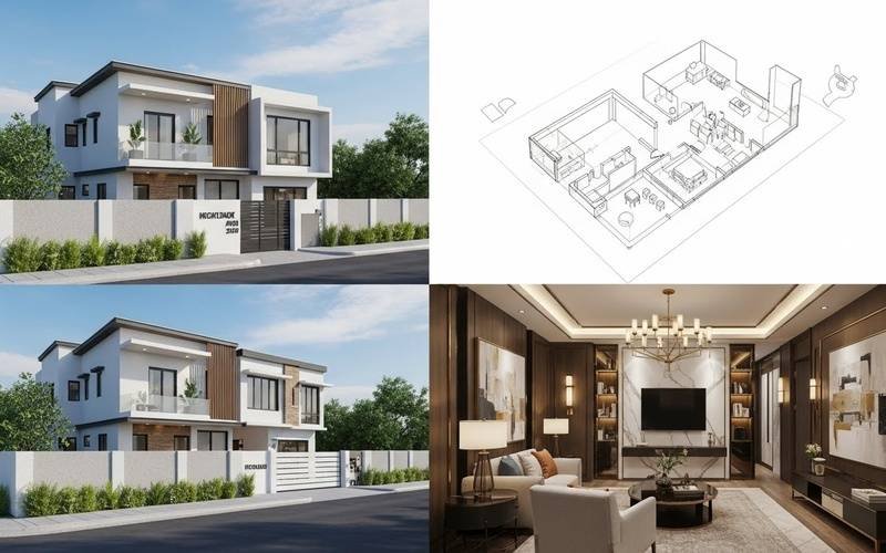 Collage showing modern house exterior views, 3D floor plan sketch, and luxury living room interior created with Affordable 3D Architectural Design Services Pakistan.