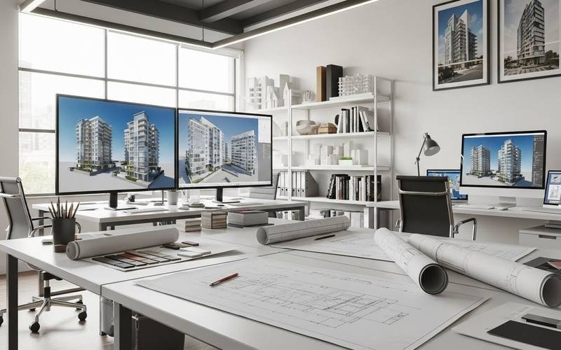 Modern architectural design studio with blueprints, drafting tools, and multiple screens showing 3D building models, representing a Leading Architecture Company in Pakistan
