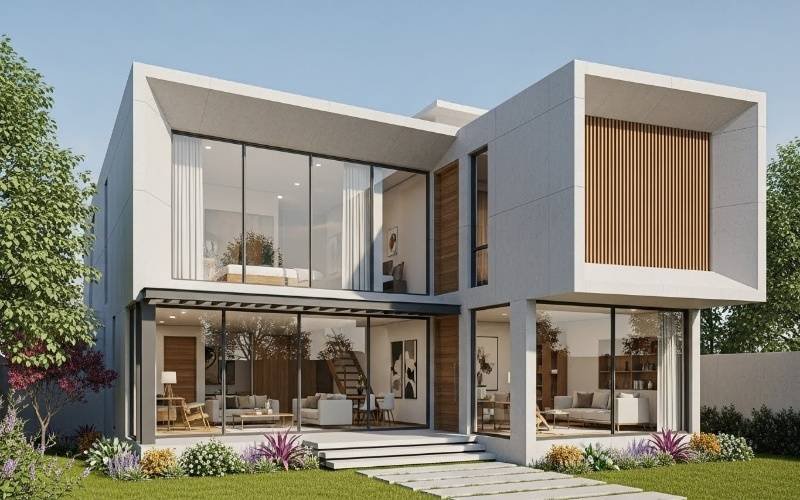 Modern two-storey house with minimalist architecture, large glass windows, and smart space planning designed by a top  architecture and interior design company in Pakistan.