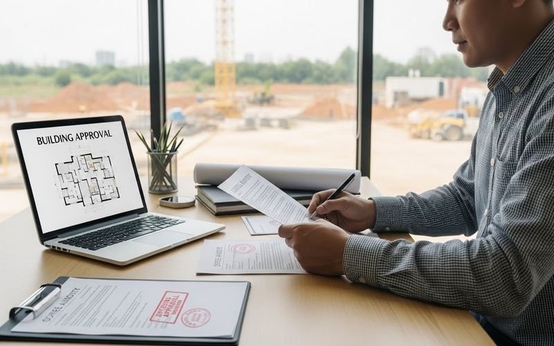 Expert Building Approval Architect in Pakistan reviewing approved building plans and authority documents at an office desk with a construction site in the background.