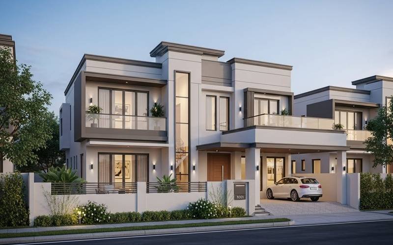 Luxury modern double-storey house with a symmetrical façade, large glass windows, balconies, and elegant exterior lighting designed by an Expert and Best Residential Design Firm in Pakistan.