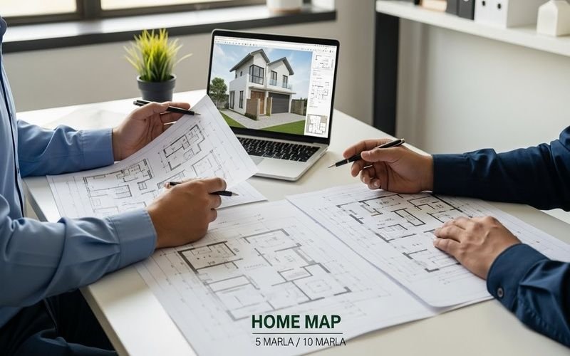 Expert Architect for Home Map Design Pakistan discussing 5 marla and 10 marla house floor plans with a client in a professional design office.