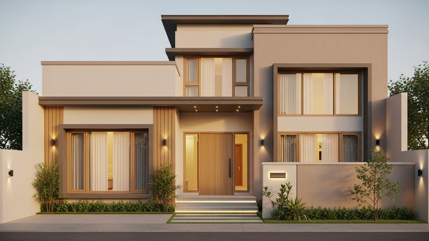 A beautiful and simple home design in Pakistan featuring clean lines, soft earthy tones, large windows, wooden accents, and a modern front elevation with warm exterior lighting.
