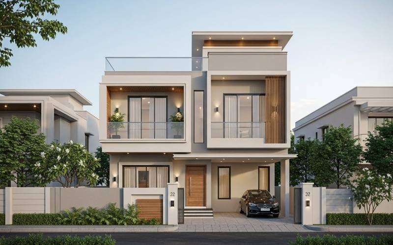 Modern double-storey luxury home with balcony, car porch, and minimalist façade designed by 10 Marla Villa Architect Services in Pakistan.