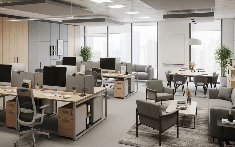Modern office interior with open workstations and collaborative seating, designed by a smart and functional office building architect for balanced workspaces.