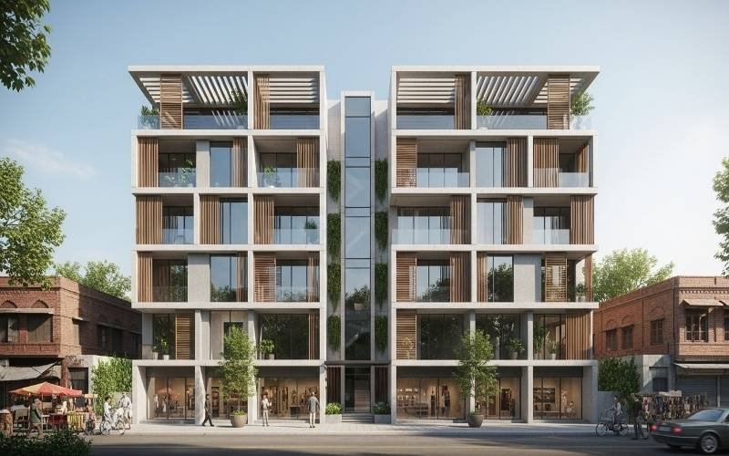 Modern commercial building with glass façade, balconies, and contemporary architectural design by the Best Architect Company in Lahore.